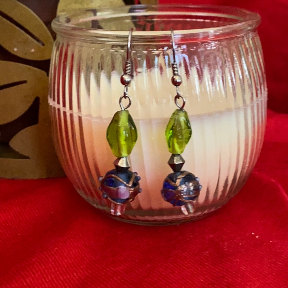 EXQUISITE Beaded Drop Earrings, Gold, Green, Blue, Pink, White, Handmade, L=2”